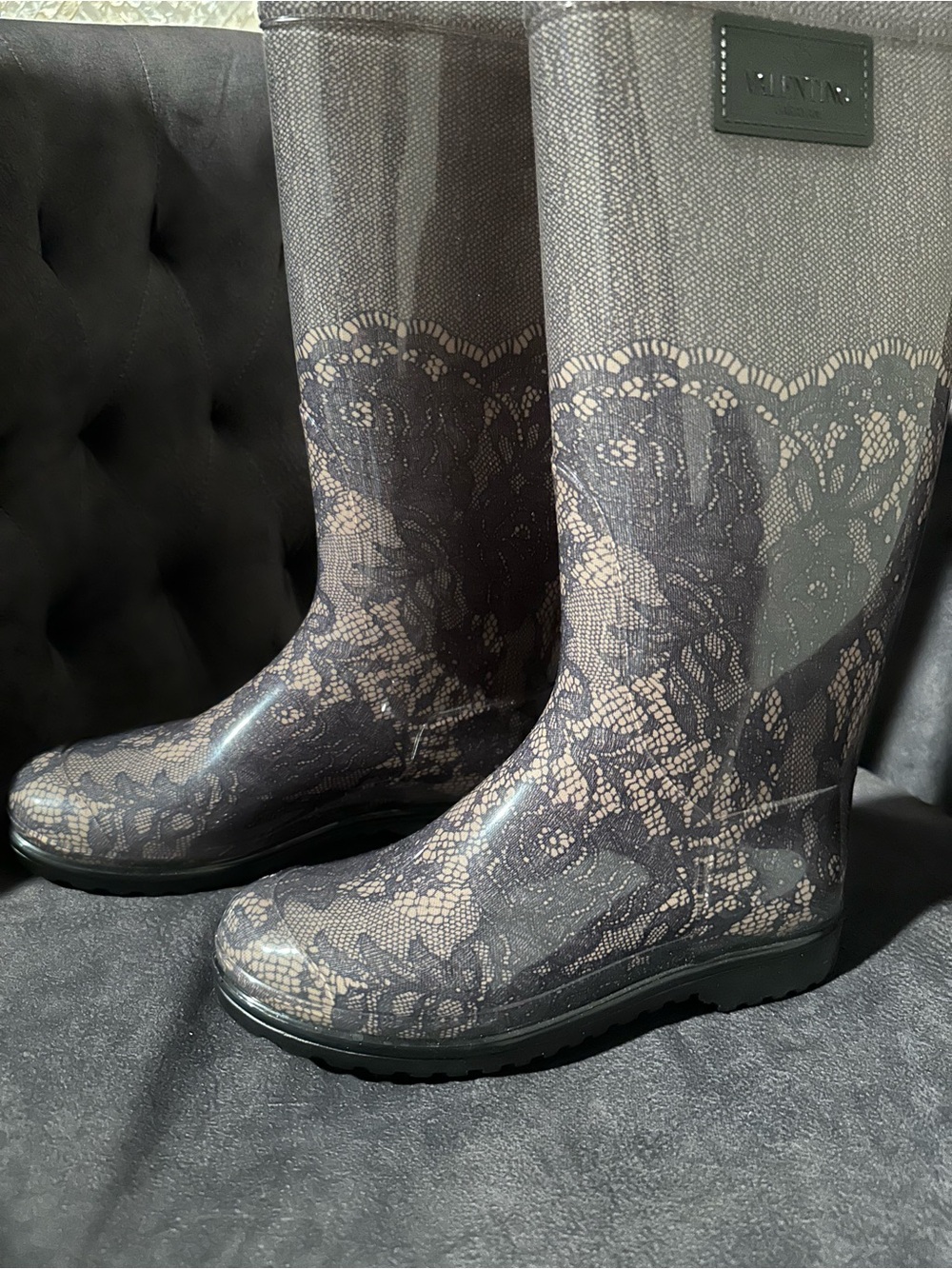Valentino Garavani Black Lace-Effect Rain Boots New Never Worn With Original Box View 3